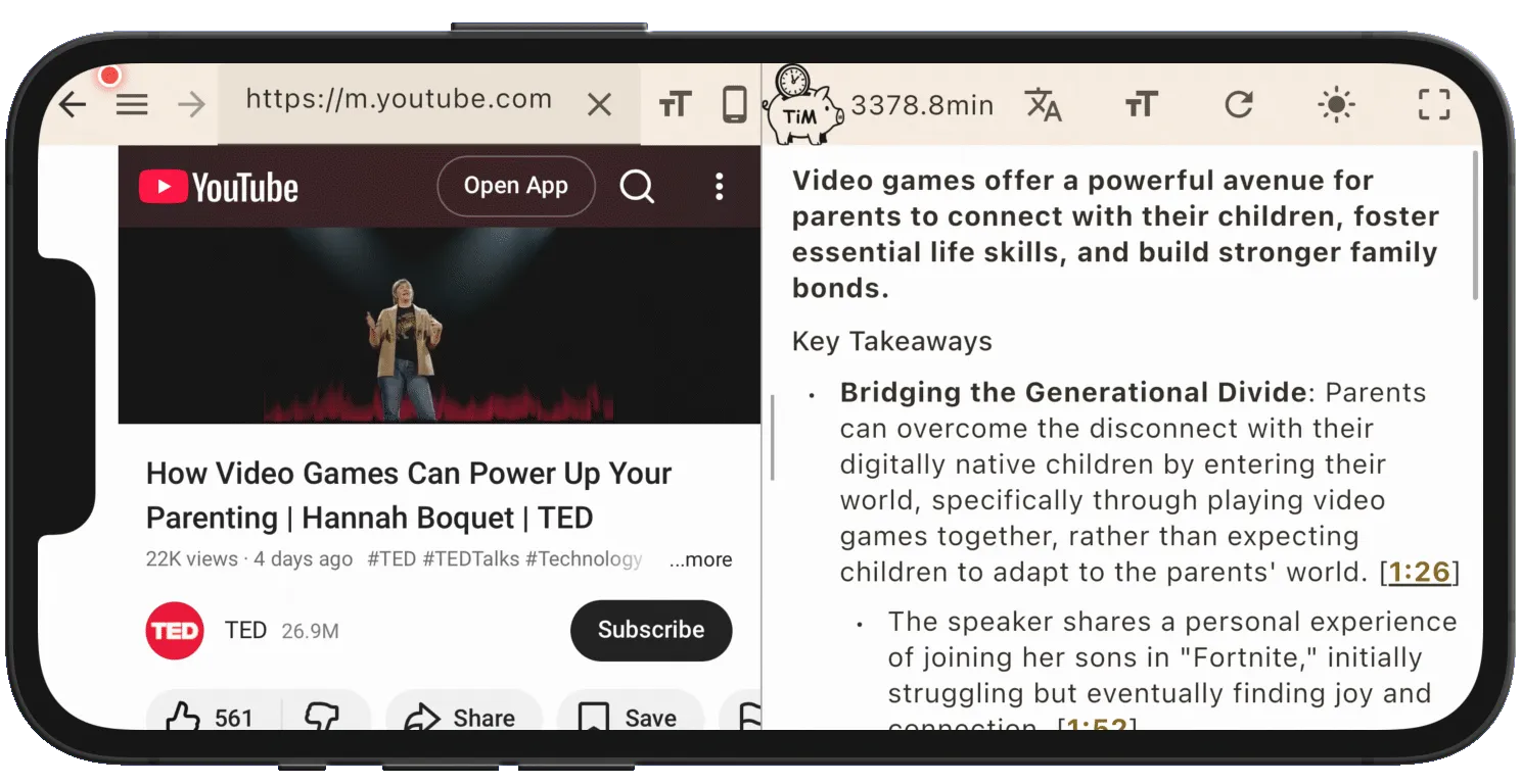 TimTim Browser summarizing a YouTube video: the clip on the left, key takeaways with timestamps on the right, and the time saved shown at the top.